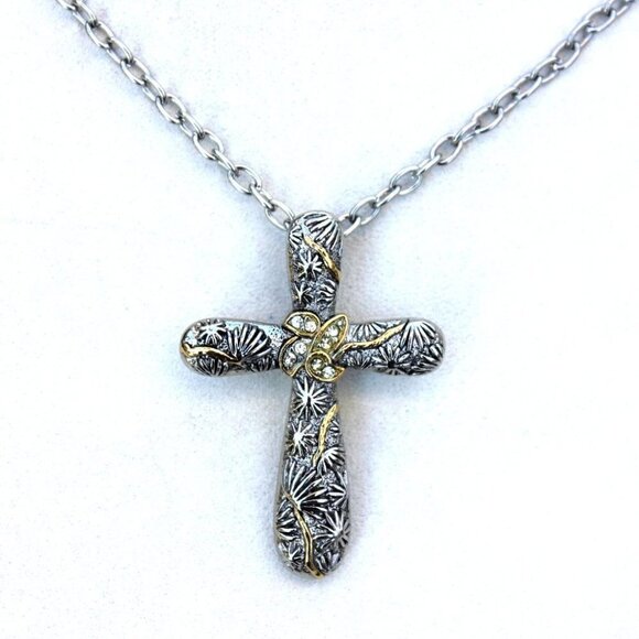 Gold Accent Design Clear Crystal Rhodium Plated Silver Cross Chain Necklace - Picture 2 of 5